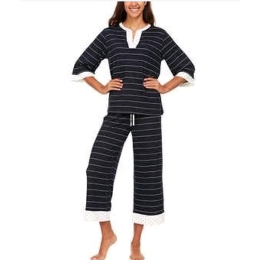 Flora Nikrooz Sz S Cropped Womens Pajama Set Pockets navy Stripe Dot Super Soft